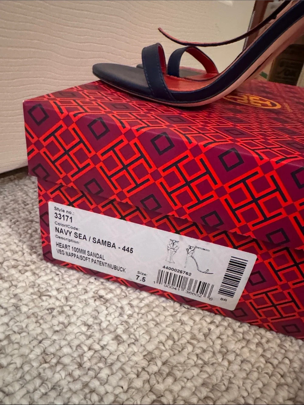 Tory Burch Navy and Red Heart-Back Ankle-Strap Heels